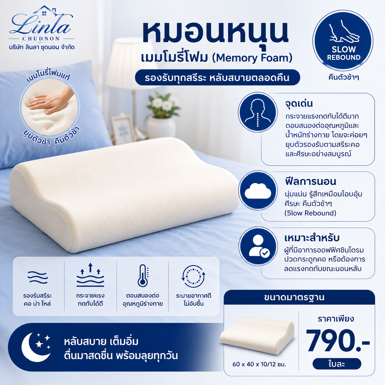หมอนหนุน หมอนเมมโมรี่โฟม (Memory Foam)Linla Chudnon
